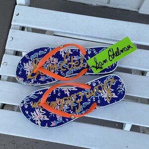 Sam Edelman Navy Floral Flip Flops with Orange Straps, Size 6